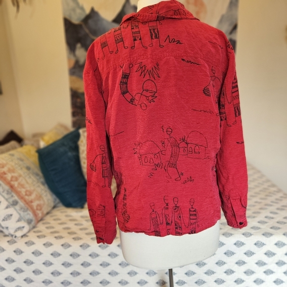 Chico’s M Silk-Linen Western Shirt Red Art Print Button-Up Blouse - Picture 7 of 8
